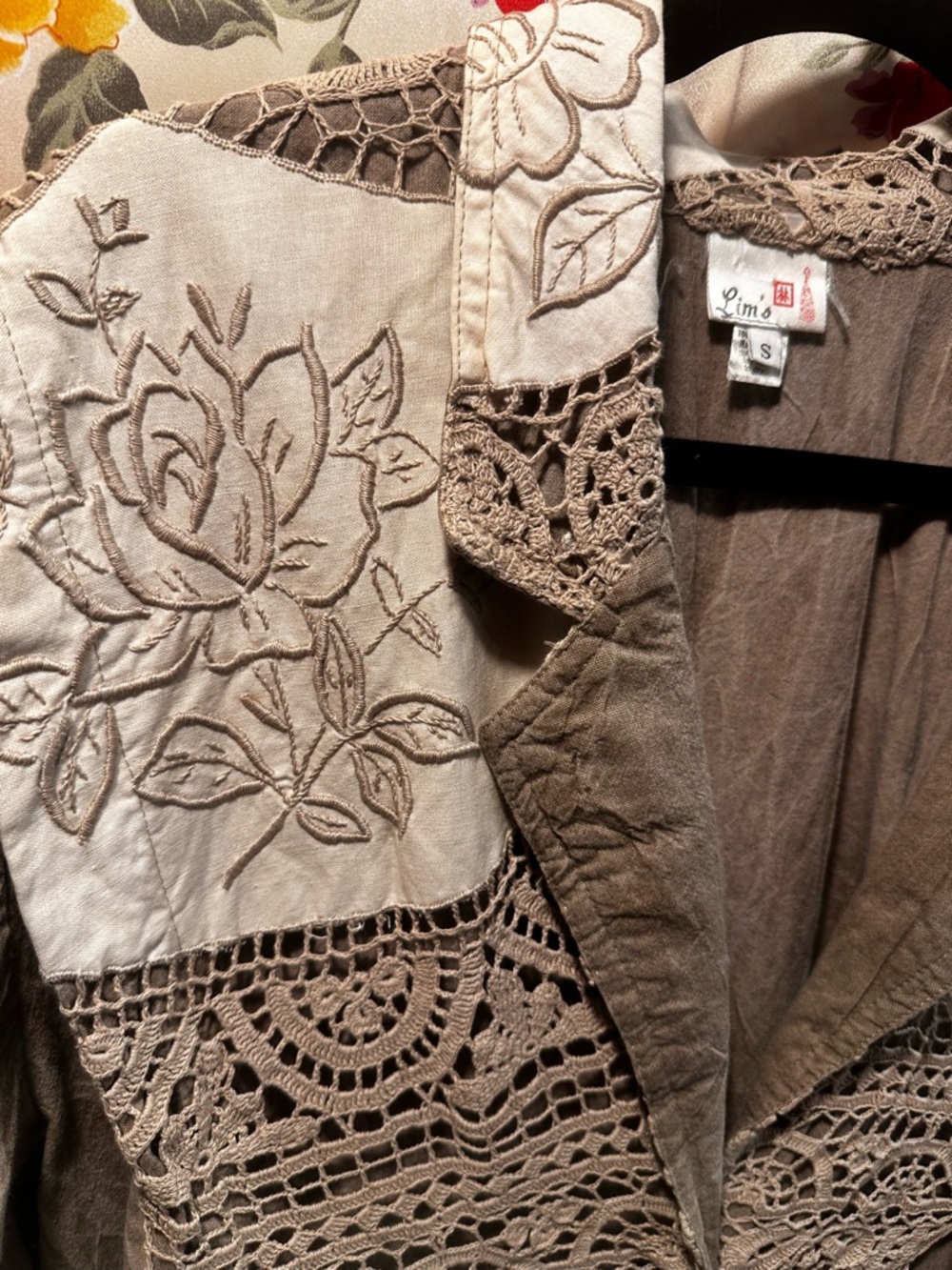 Vintage Lim’s Women's Taupe Crochet-Trim Button Front Jean Jacket - Picture 3 of 4